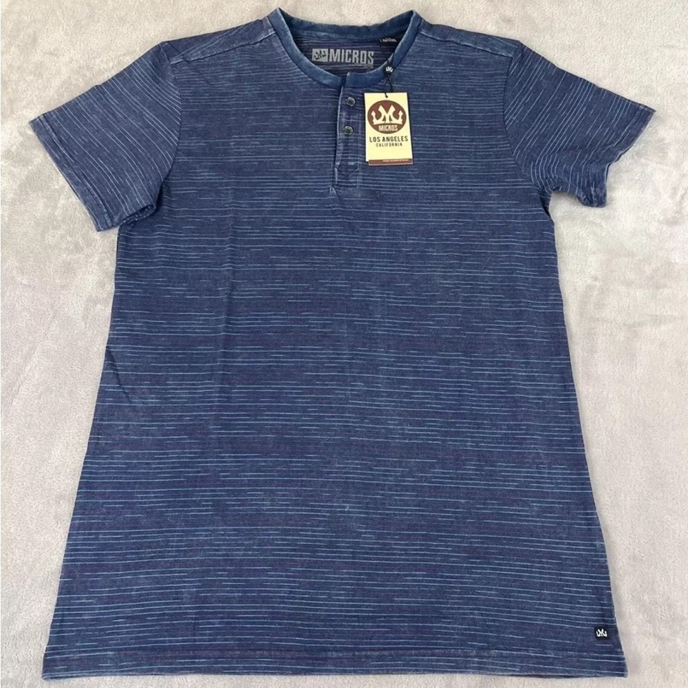 Micros Rollover Blue Striped Henley Crew Knit Shirt Men's size small
